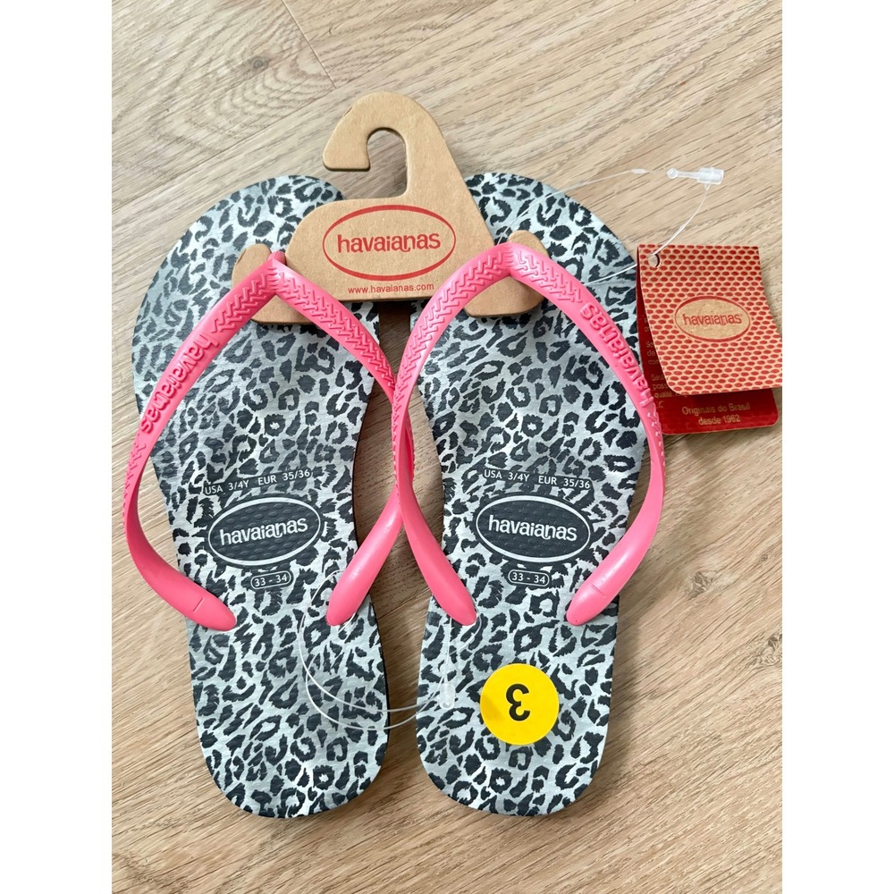 Havaianas Slim Leopard Flip Flops 3/4Y Summer Vacation Girly Bach Pool Vacation